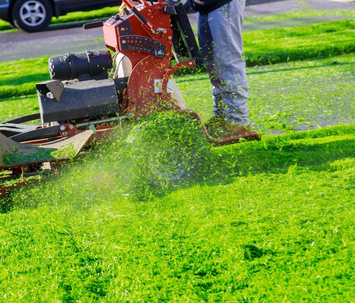 Man cutting lawn with using a gasoline mower in the home garden grass